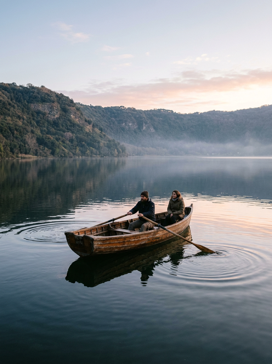 Barca a remi sul lago all'alba