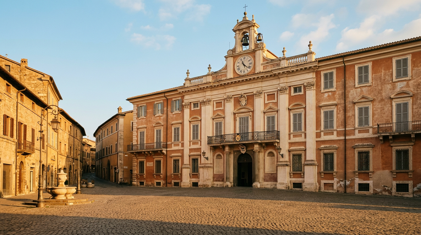 Piazza della Libertà e Palazzo Apostolico di Castel Gandolfo all'alba