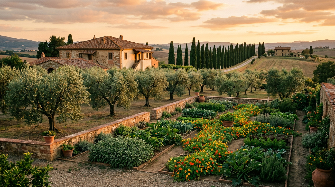 Orto con nasturzi e filari di ulivi al tramonto