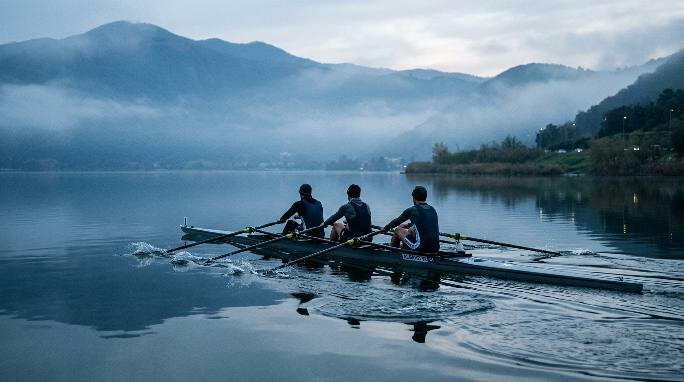 Team di canottaggio in allenamento sul Lago Albano al mattino