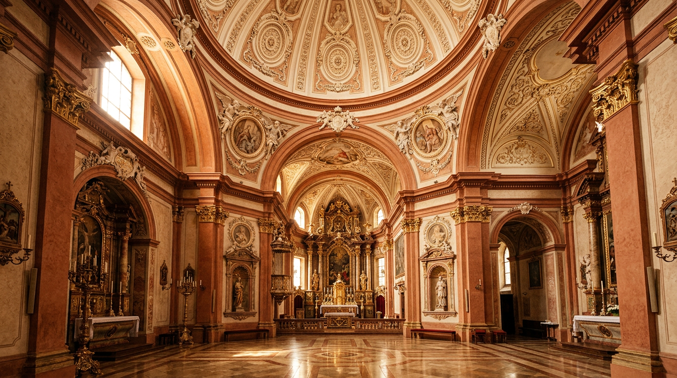 Interno barocco con cupola a costoloni e stucchi bianchi e oro