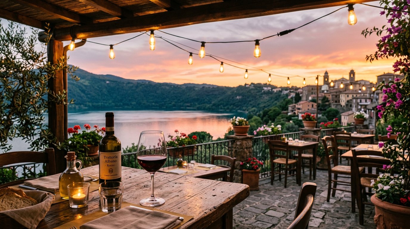 Trattoria terrace overlooking Lake Albano at sunset