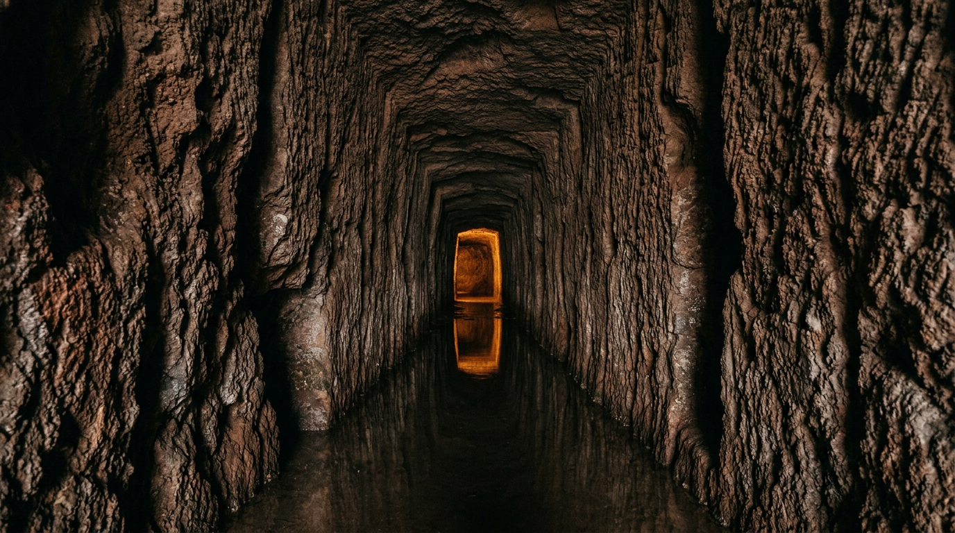 Interno del tunnel romano scavato nel tufo con acqua ferma