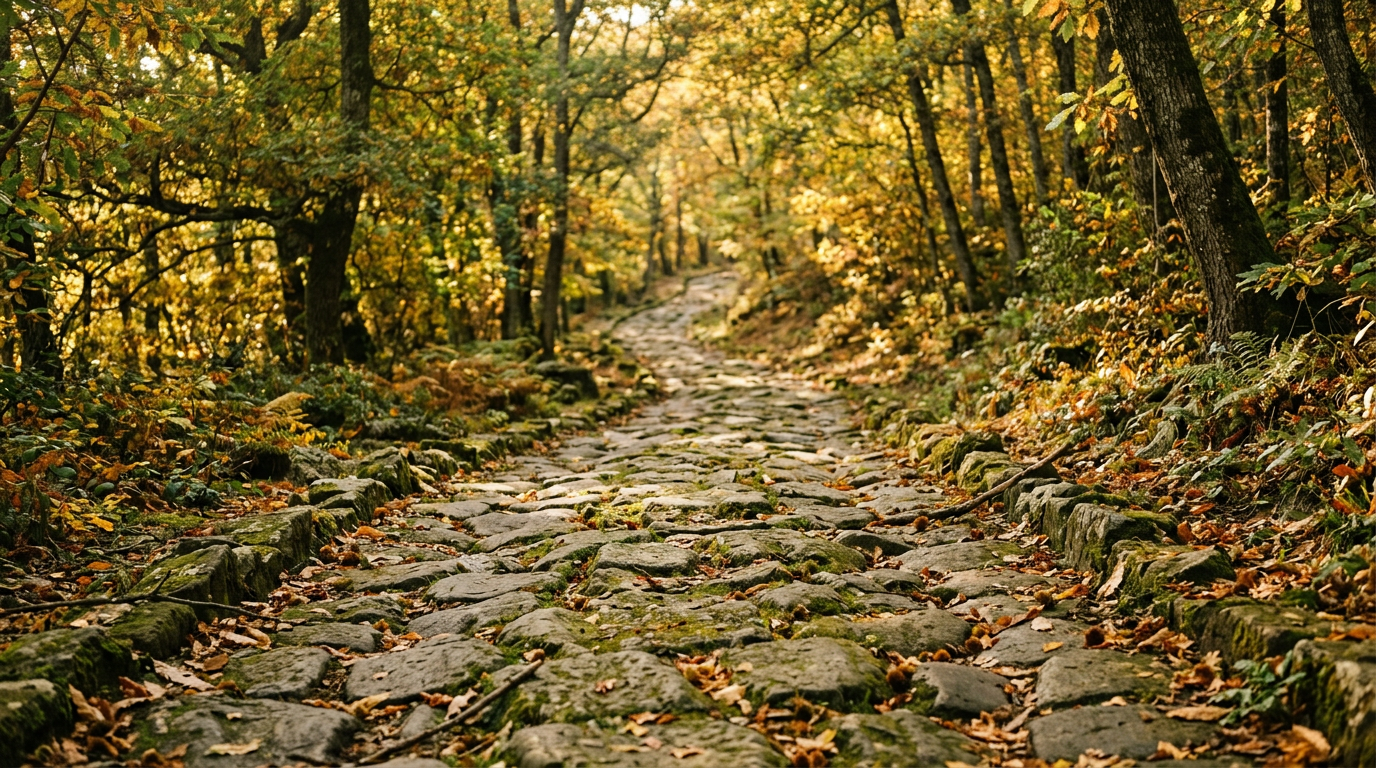 Antica strada romana a basoli in un bosco di castagni