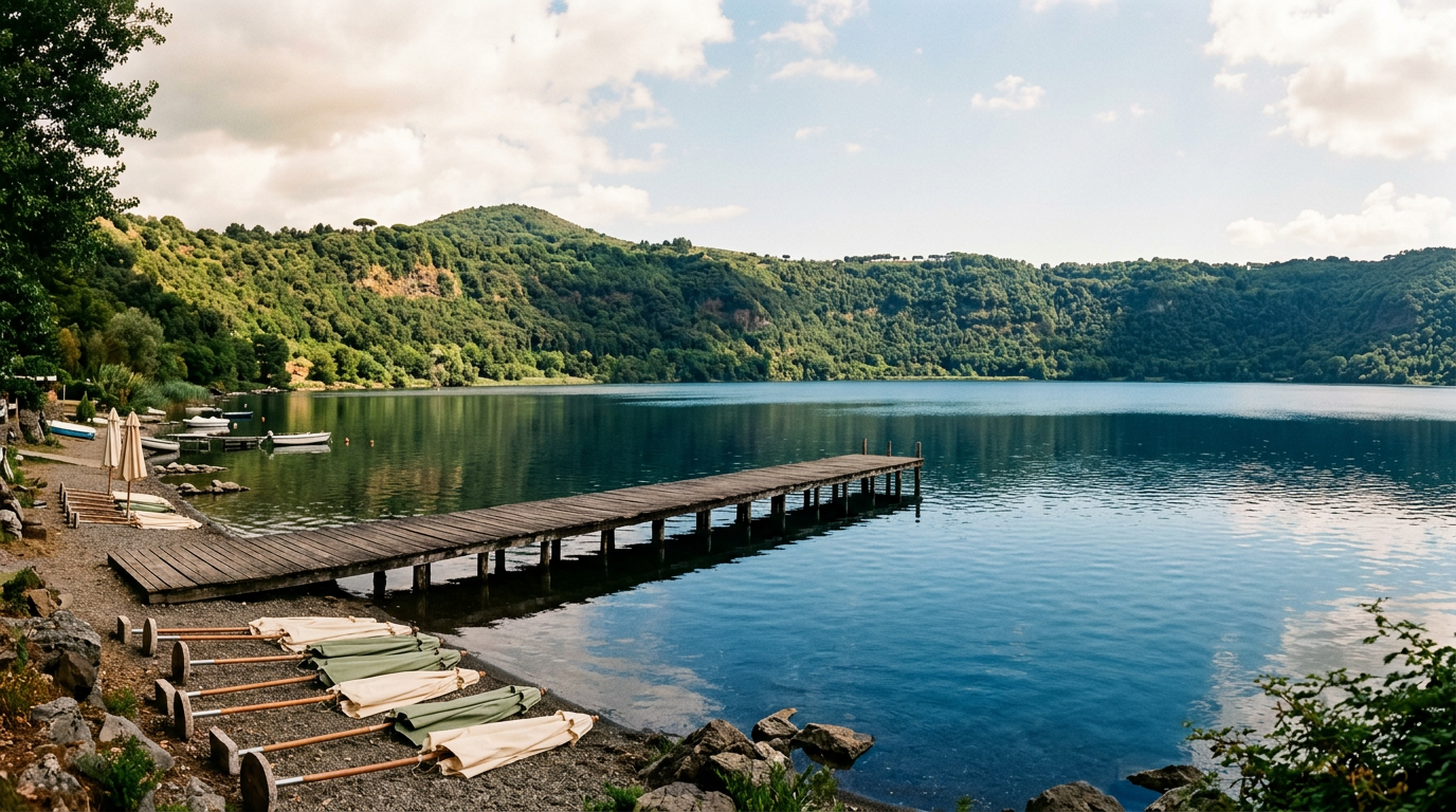 Pontile sul Lago Albano con cratere vulcanico sullo sfondo