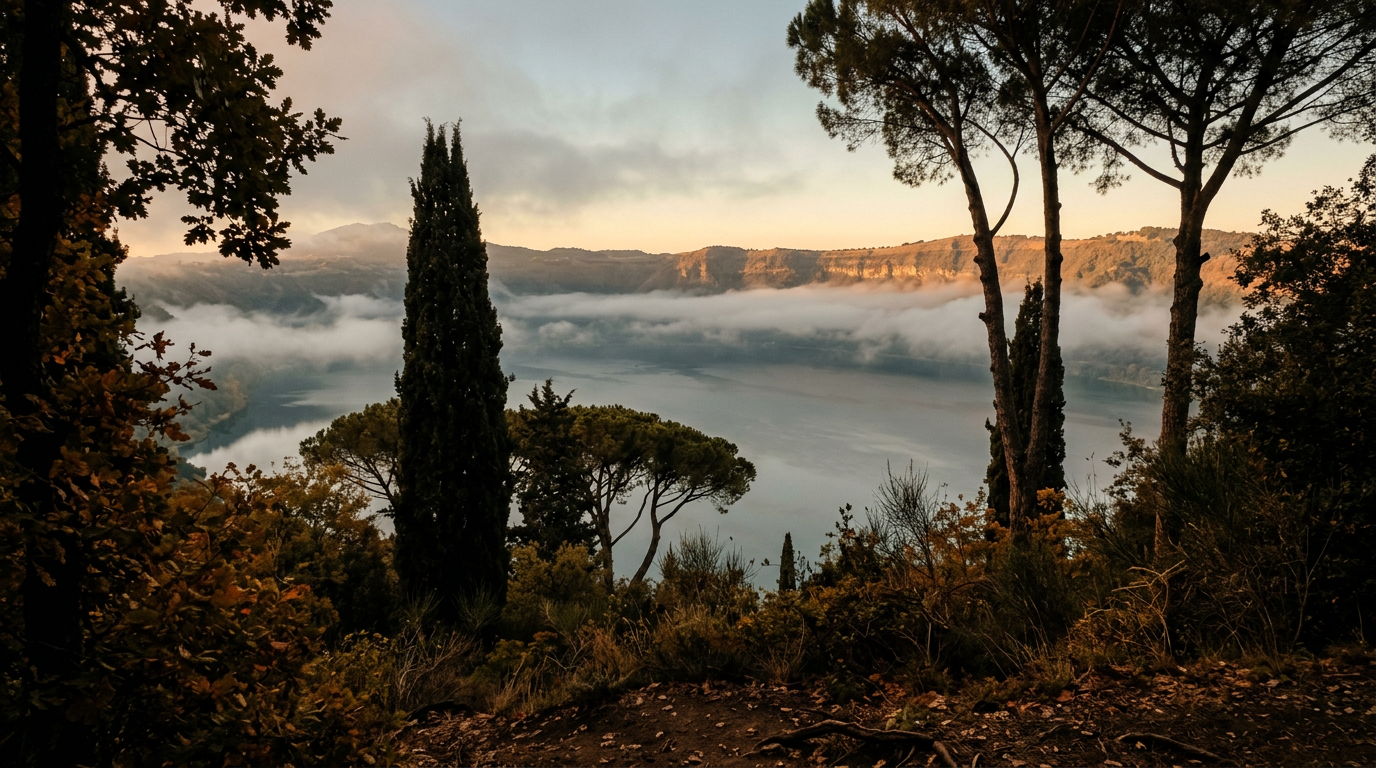 Alba sul cratere del Lago Albano con nebbia sull'acqua