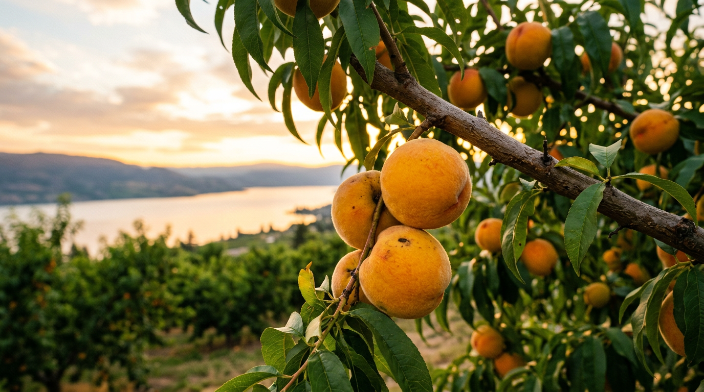 Ripe yellow peaches on the branch with Lake Albano at sunset