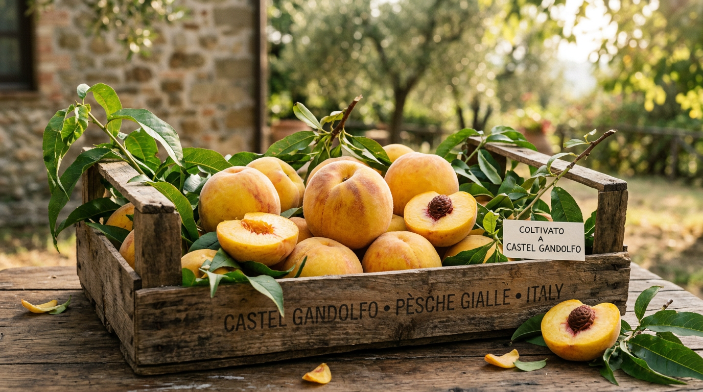 Editorial still life of Castel Gandolfo yellow peaches