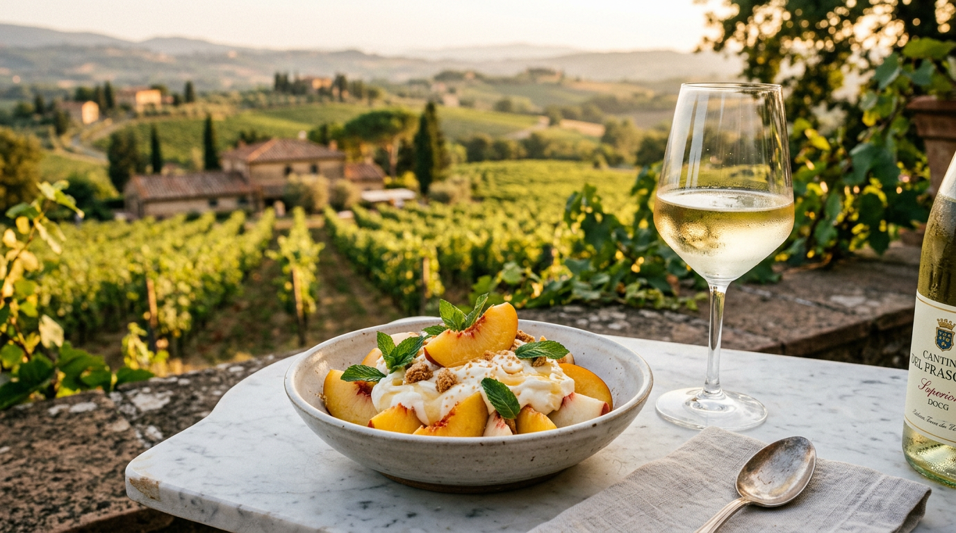 Pesche al vino di Frascati con vista sui vigneti dei Castelli Romani