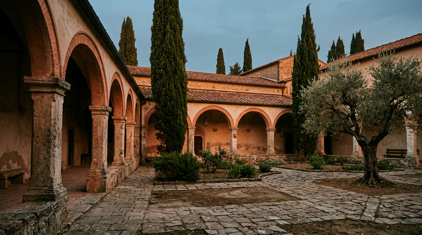 Cortile porticato in pietra al crepuscolo con cipressi e un olivo