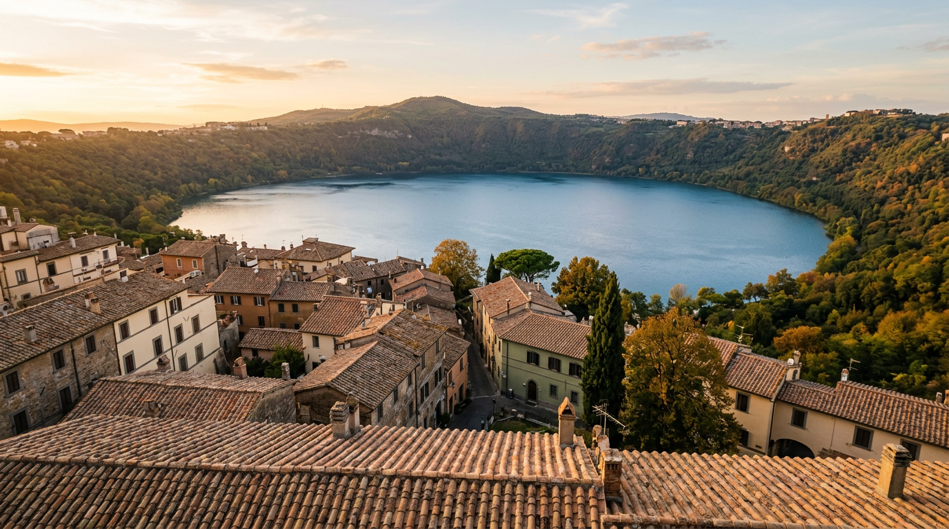 Tetti di Castel Gandolfo sul Lago Albano in luce dorata di settembre