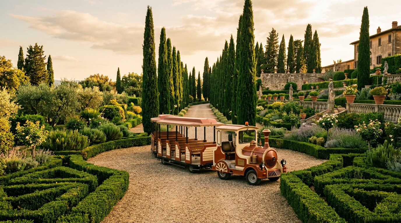 Trenino turistico vuoto in un giardino all'italiana con cipressi al tramonto