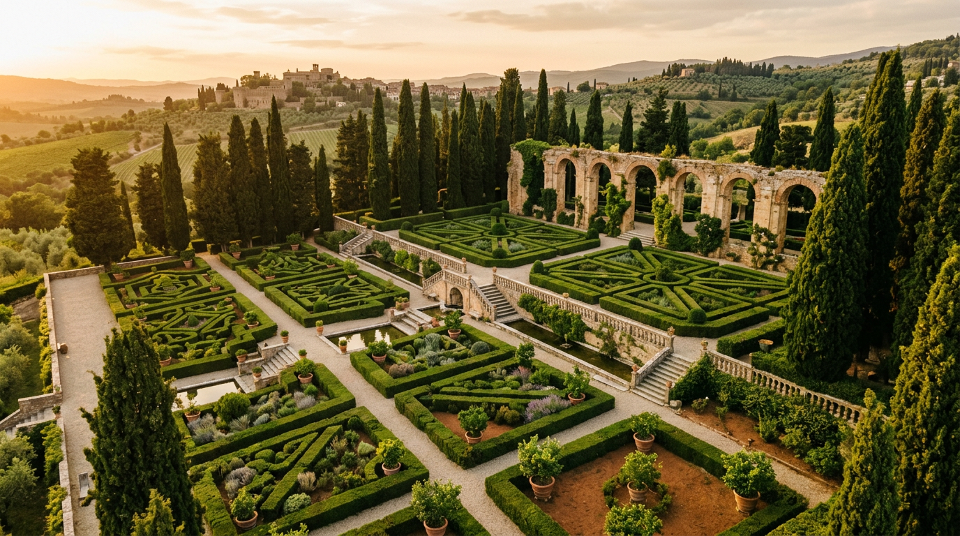 Giardini di Villa Barberini con siepi geometriche e cipressi al tramonto