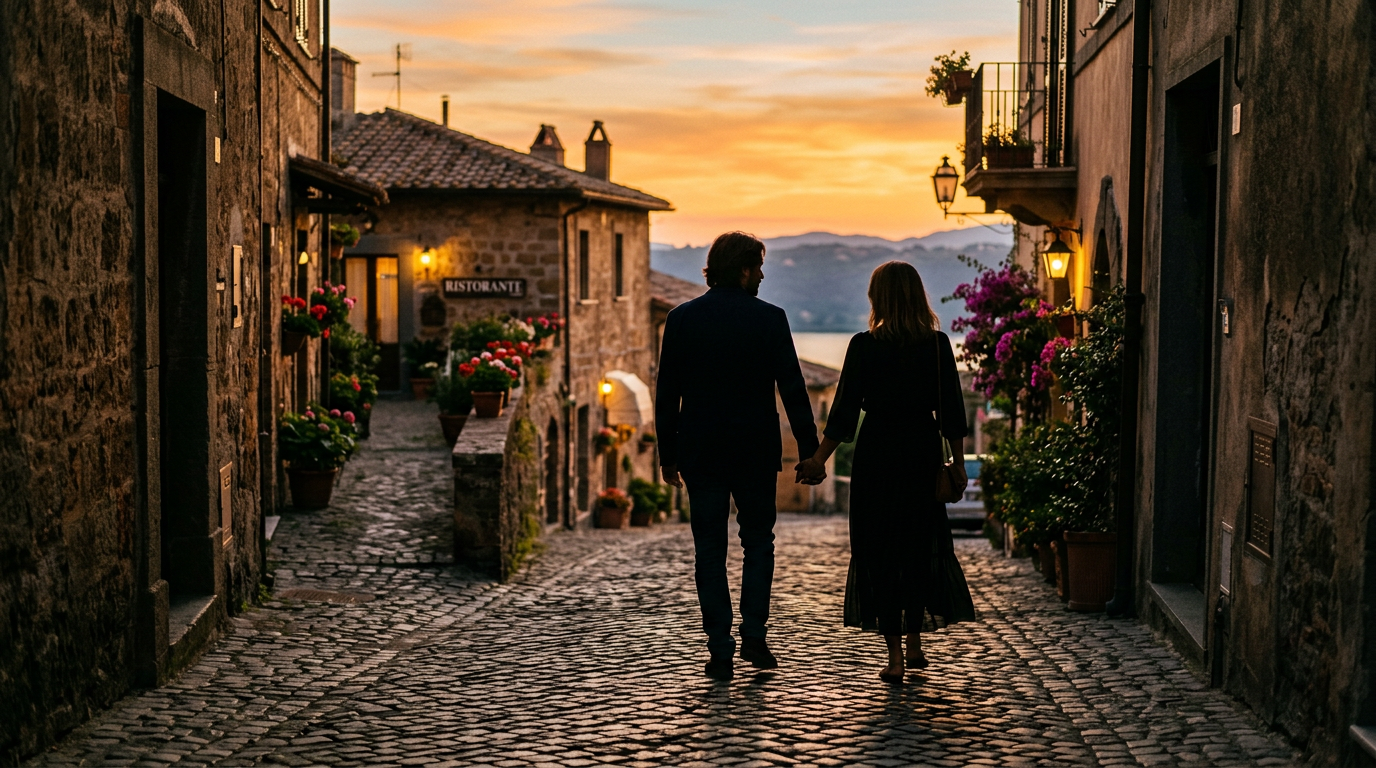 Passeggiata di coppia nei vicoli di Castel Gandolfo al tramonto