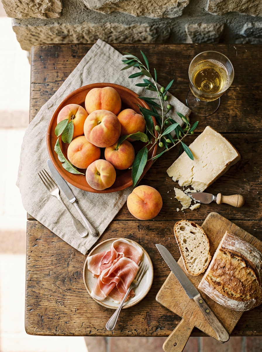 Tavola con pesche di Castel Gandolfo, pecorino e Frascati