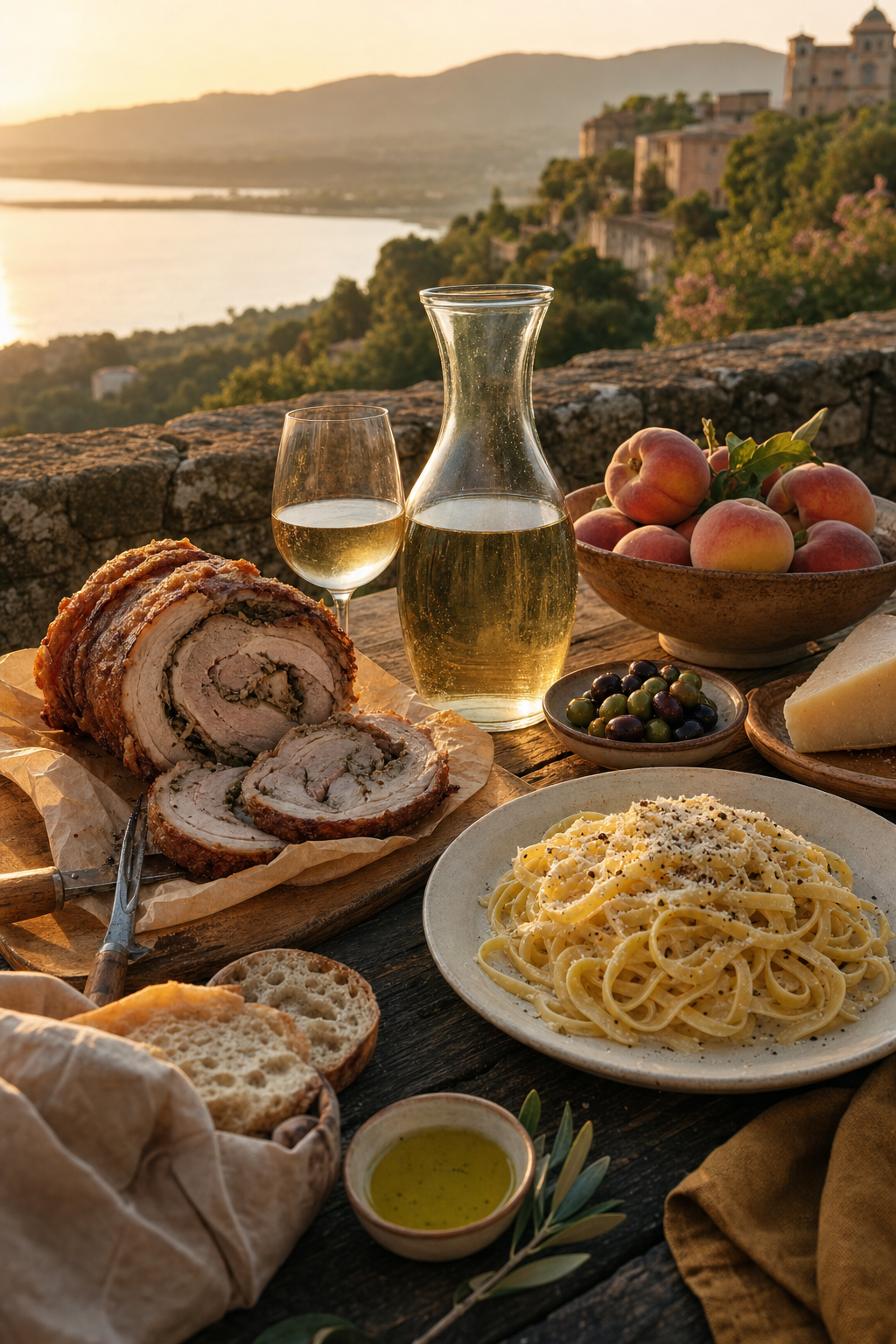 Piatti tipici dei Castelli Romani con Frascati e pesche di Castel Gandolfo