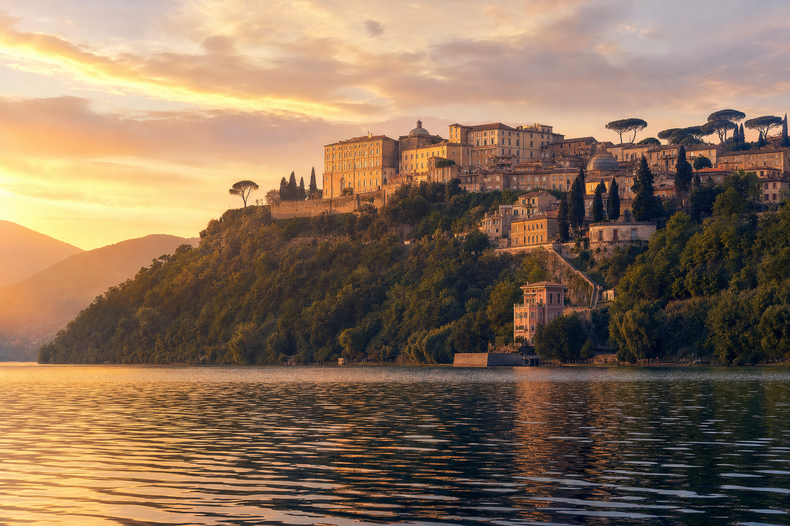 Castel Gandolfo al tramonto vista dal Lago Albano