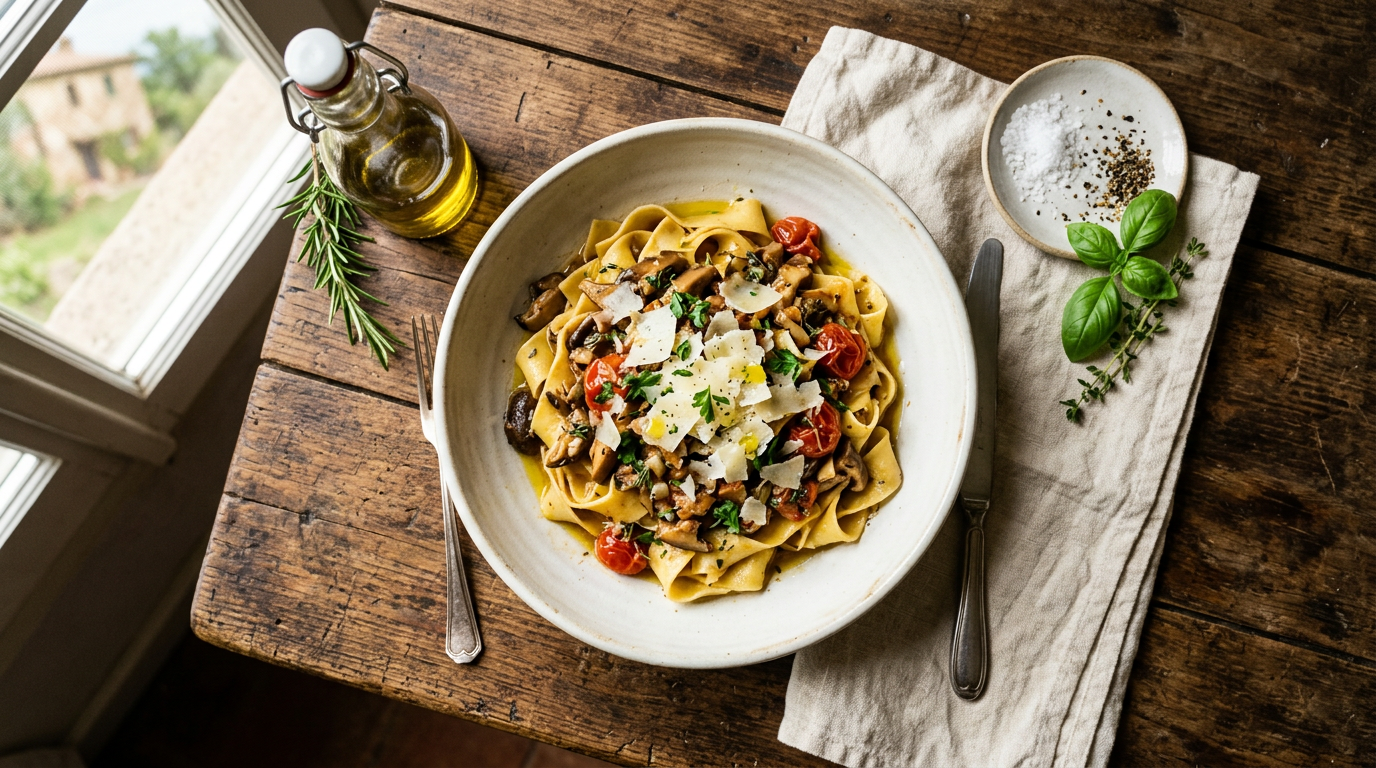 Cucina locale dei Castelli Romani su tavolo in legno con luce naturale
