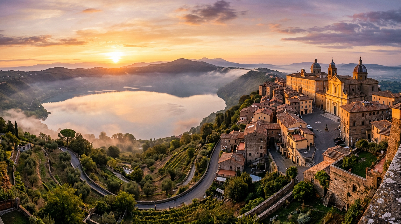 Castel Gandolfo all'alba, luce dorata sul borgo e sul Lago Albano