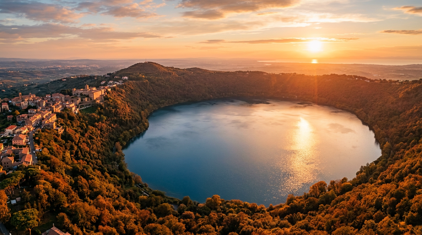 Vista aerea del cratere vulcanico del Lago Albano all'ora dorata