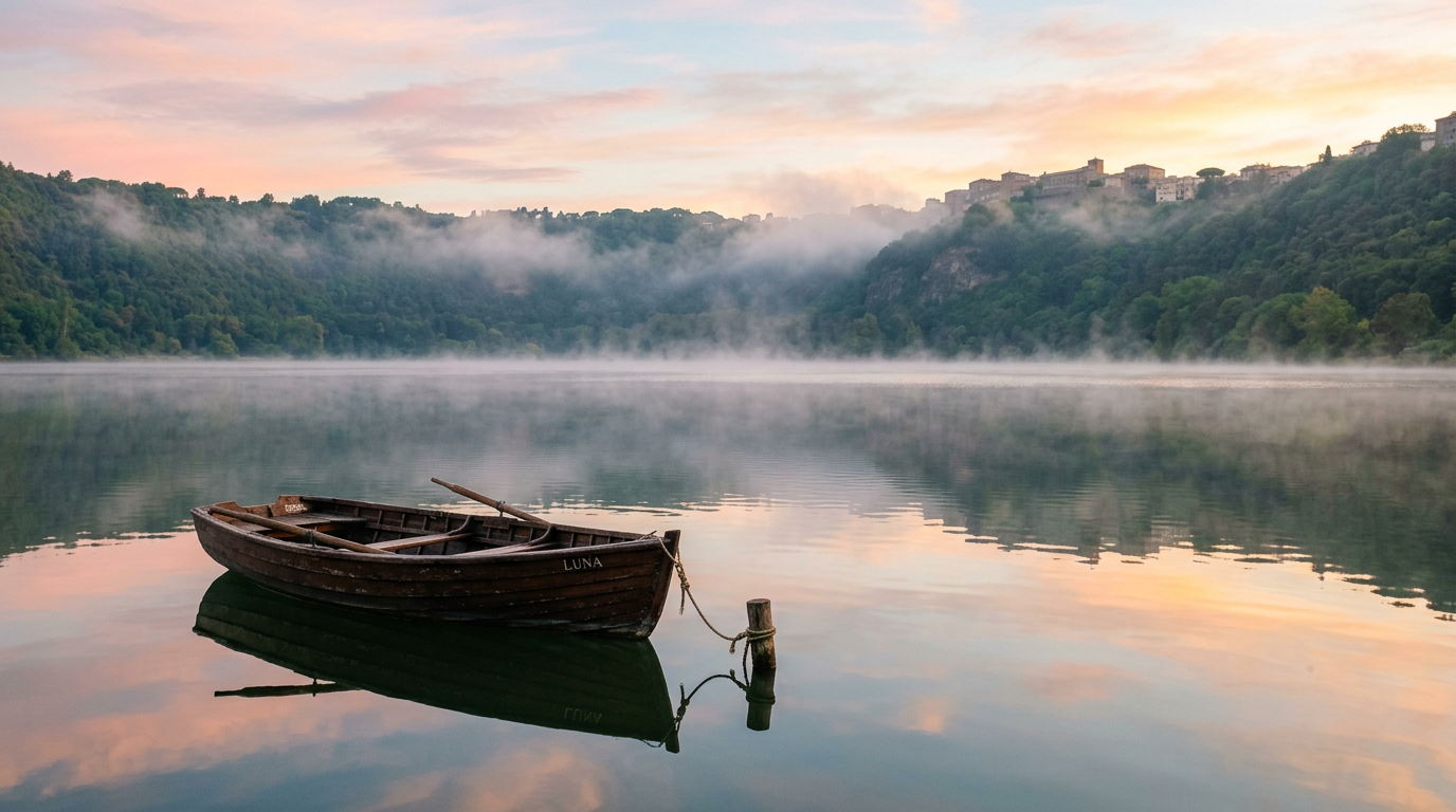 Barca a remi sulle acque calme del Lago Albano all'alba