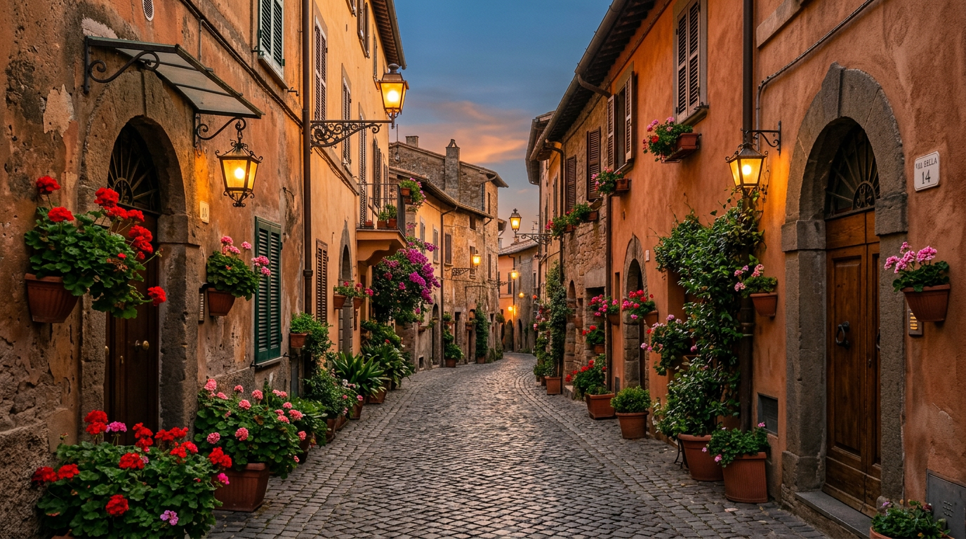 Vicoli in pietra del borgo antico di Castel Gandolfo al tramonto