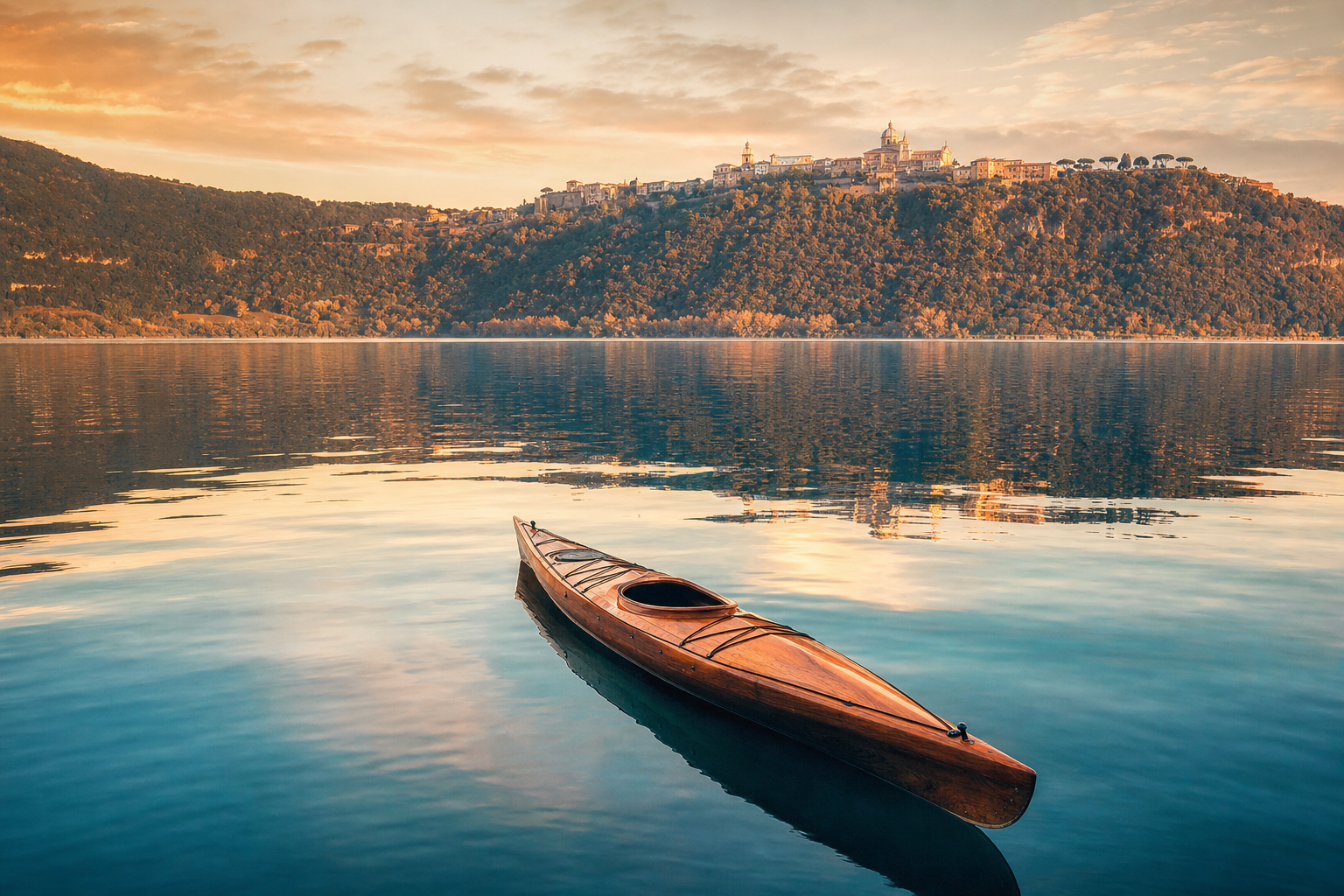 Kayak in legno sul Lago Albano al tramonto