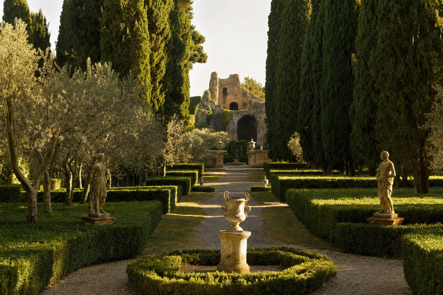 Giardini di Villa Barberini con cipressi e statue