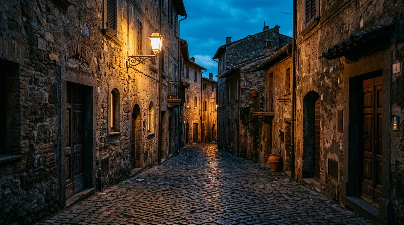 Vicolo del centro storico di Castel Gandolfo all'ora blu
