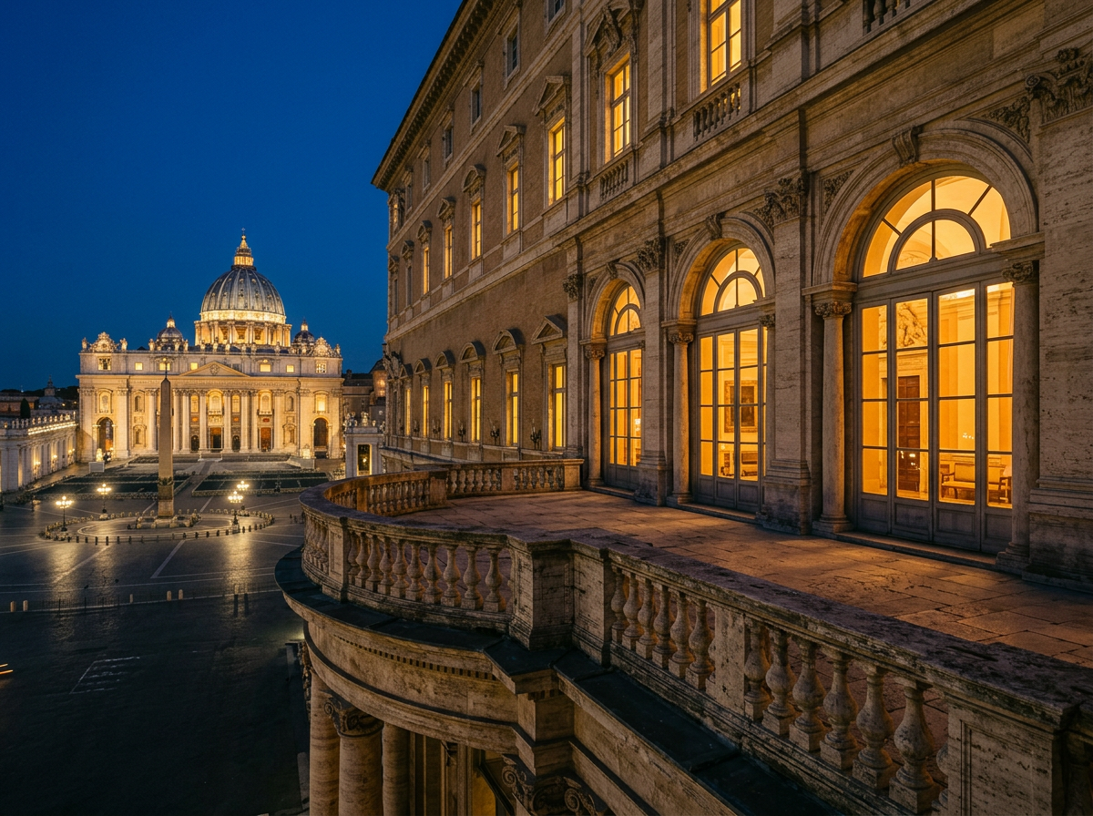 Balcone di un palazzo pontificio all'ora blu con luce calda alle finestre
