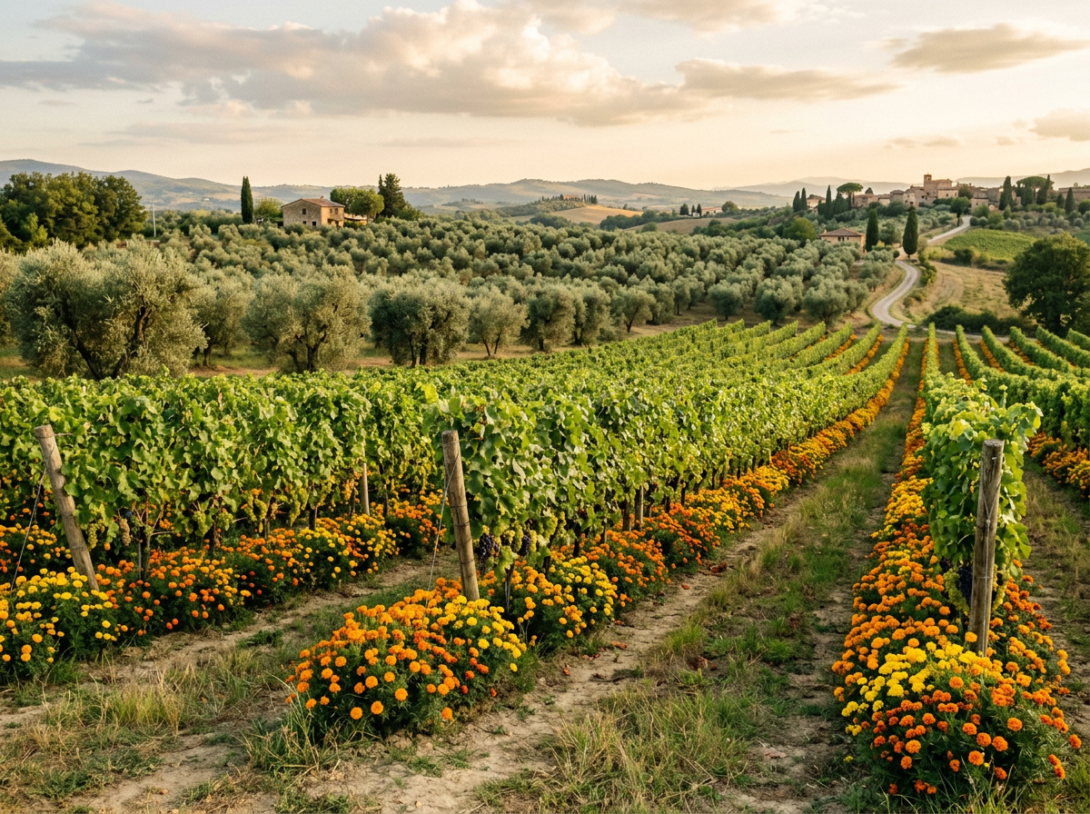 Filari di vite e fiori arancioni tra oliveti al tramonto