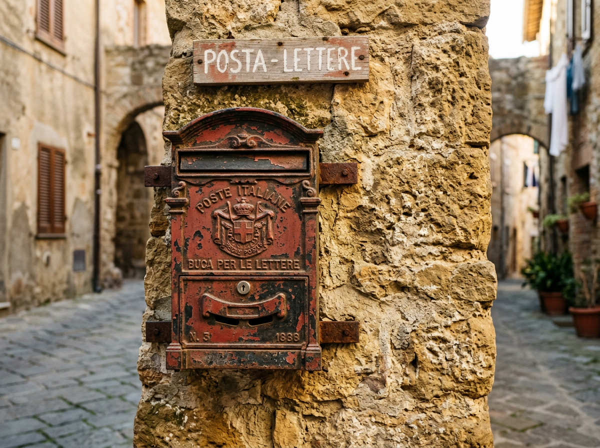 Antica cassetta postale in ghisa dell'Ottocento montata su un muro in pietra