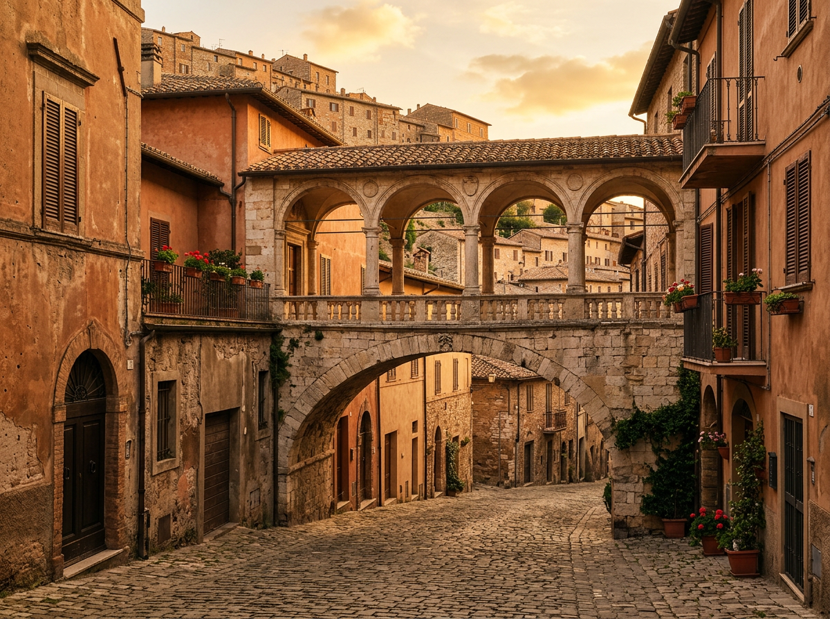 Loggia in pietra ad archi che scavalca una strada acciottolata in un borgo italiano al tramonto