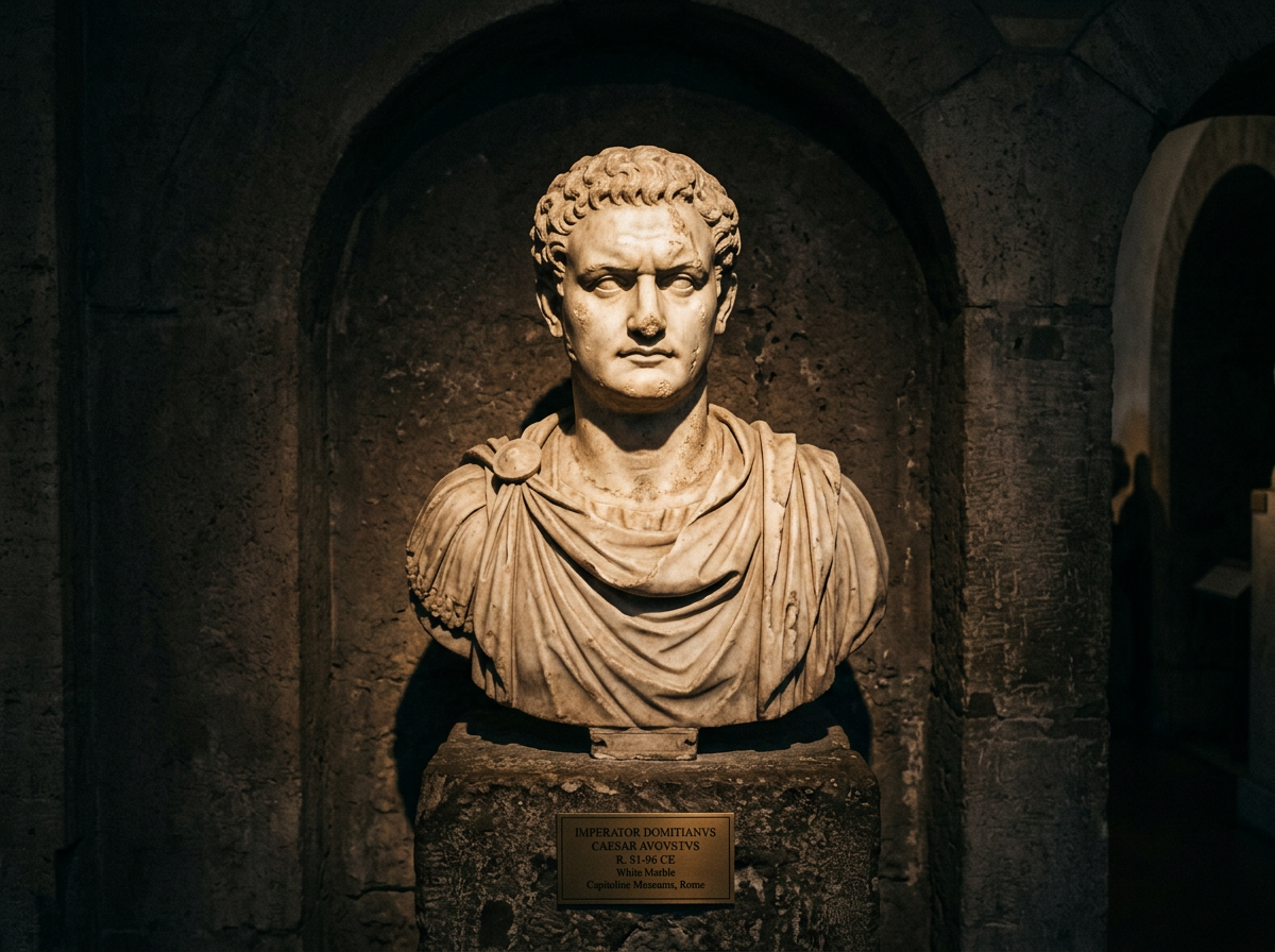 Busto in marmo dell'imperatore Domiziano su piedistallo in una nicchia museale