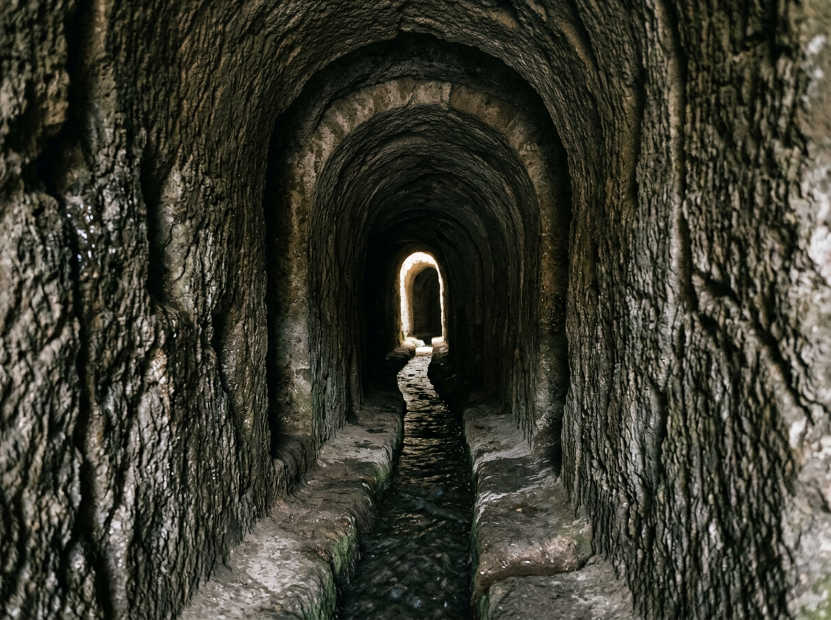 Tunnel scavato nel tufo dell'emissario romano del lago Albano