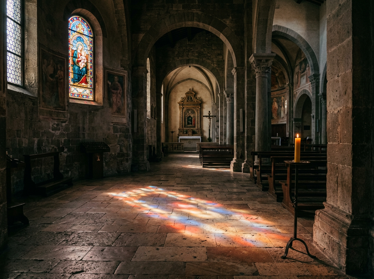 Interno di una chiesa italiana con vetrata istoriata, candela accesa e luce colorata sul pavimento in pietra