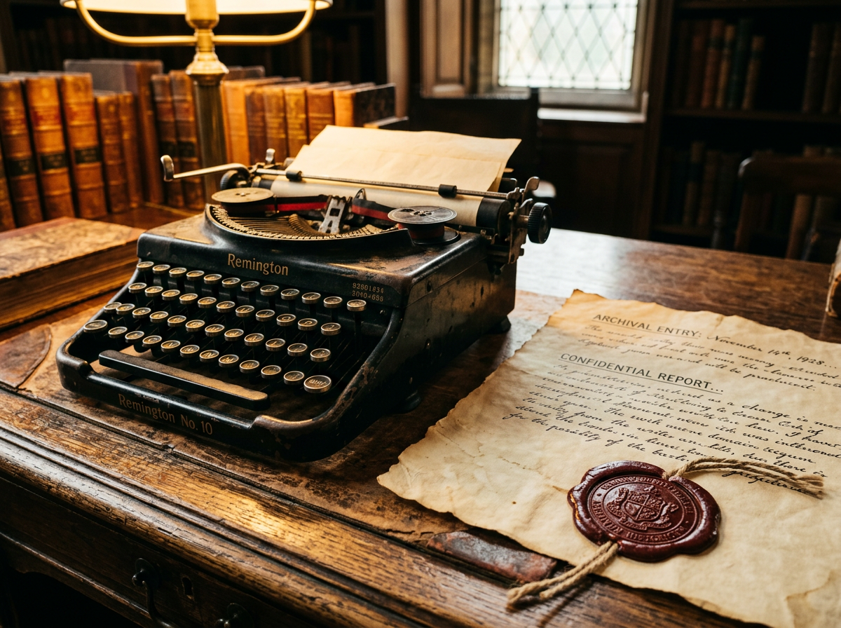 Vecchia macchina da scrivere e pergamena con ceralacca su una scrivania di legno in una biblioteca storica
