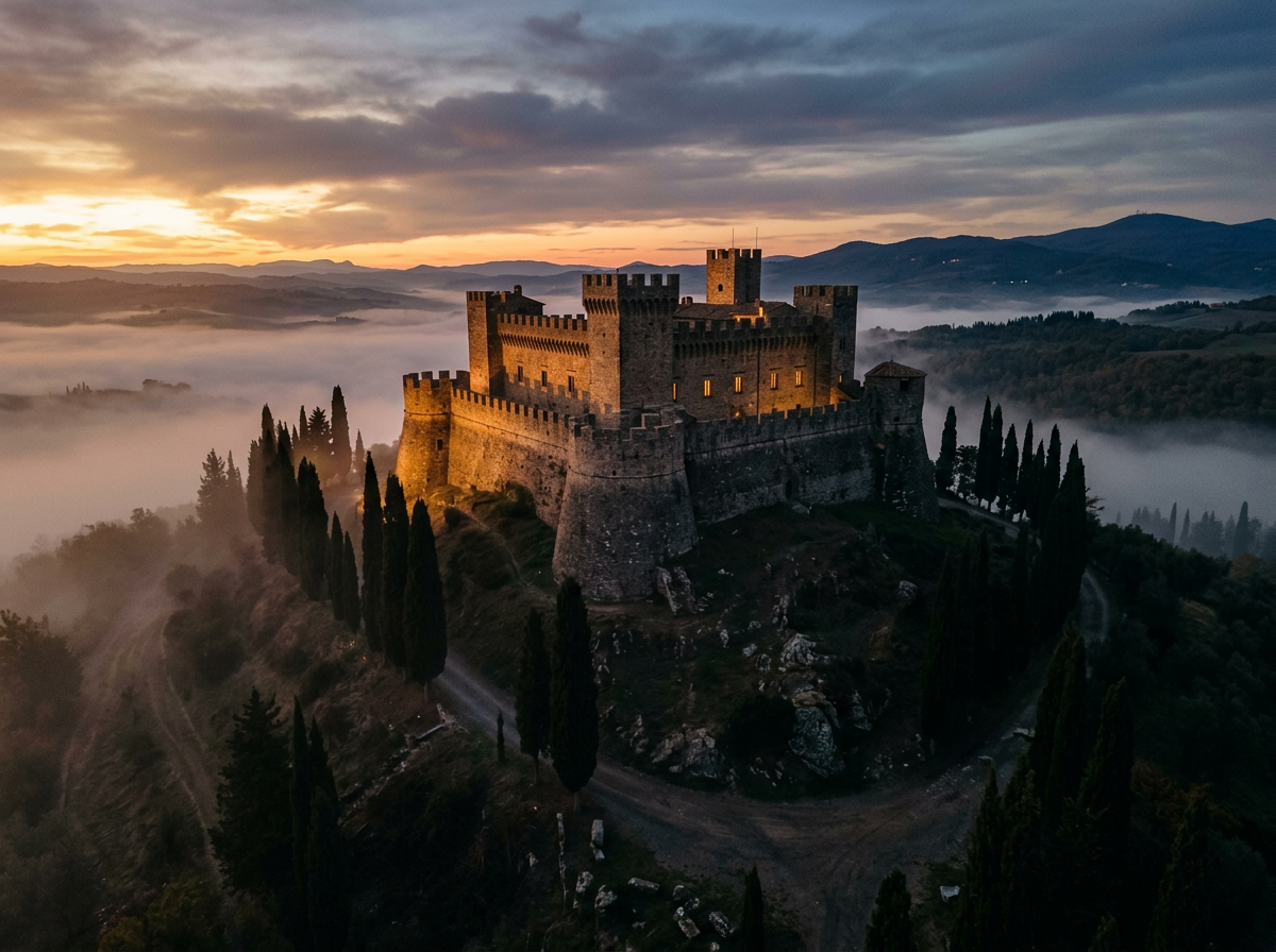Fortezza medievale su una collina al tramonto con nebbia