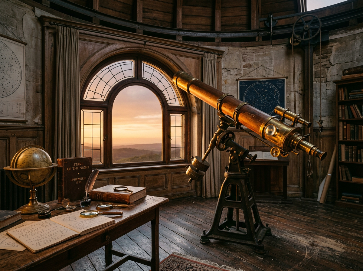 Antico telescopio in ottone in una sala di osservatorio con finestra ad arco al tramonto