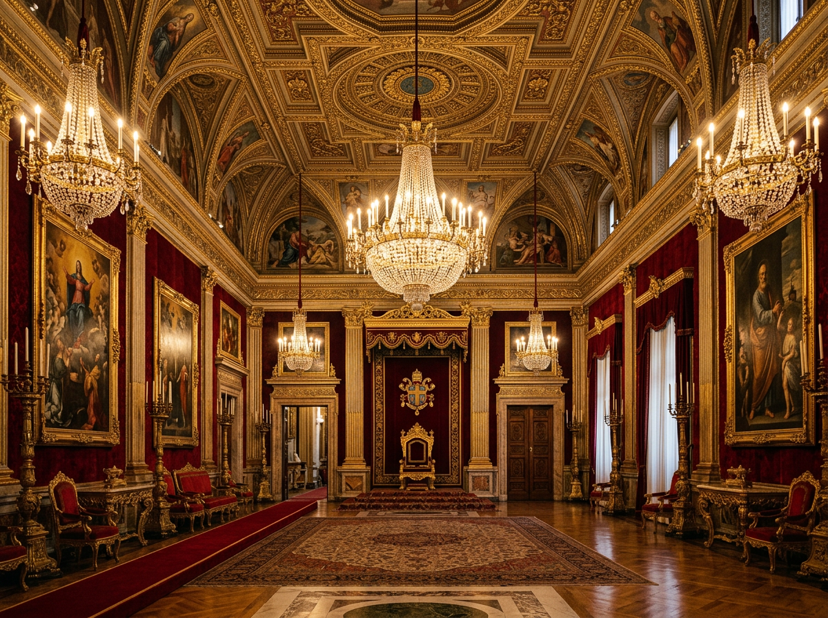 Sala barocca papale con soffitto affrescato, lampadari di cristallo e velluto rosso