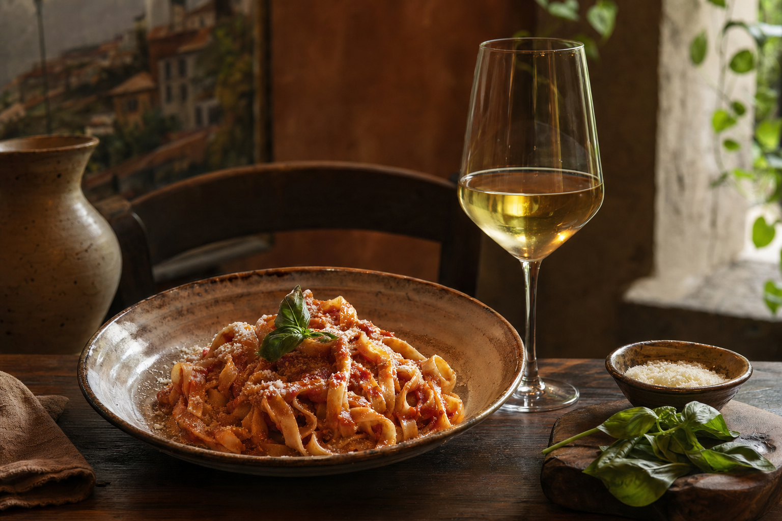 Traditional dishes of the Castelli Romani with Frascati wine and Castel Gandolfo peaches