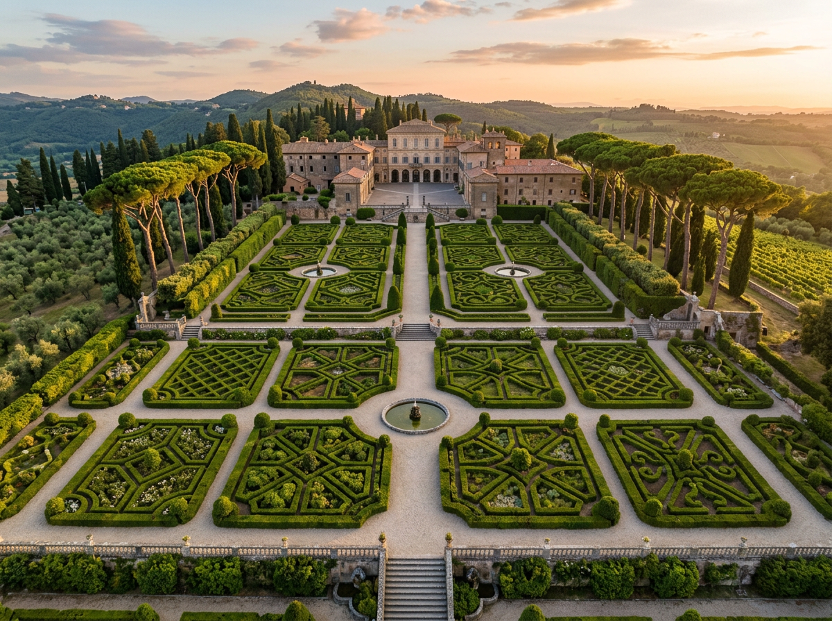 Vista aerea dei giardini geometrici del Belvedere di Villa Barberini