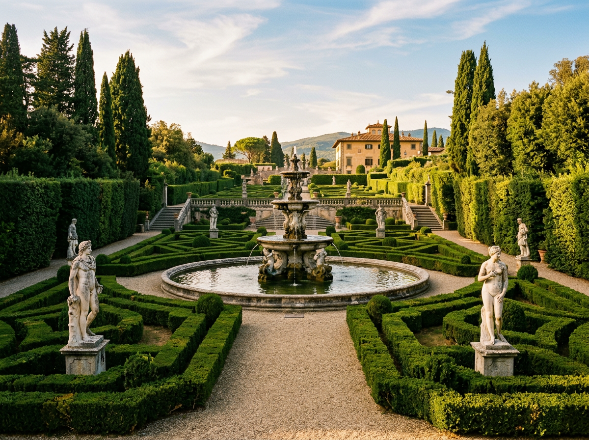 Giardino all'italiana con statue e fontane di Villa Cybo