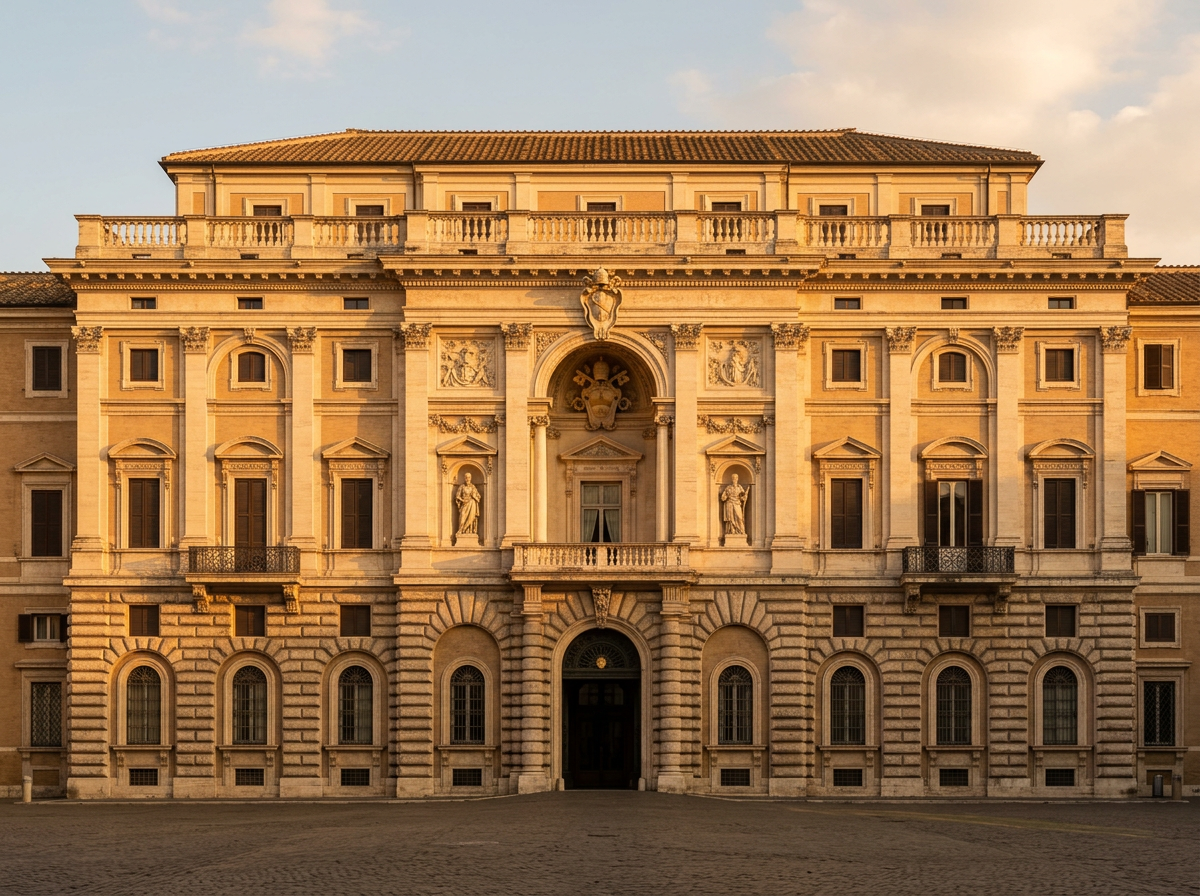 Facciata barocca del Palazzo Apostolico all'ora dorata