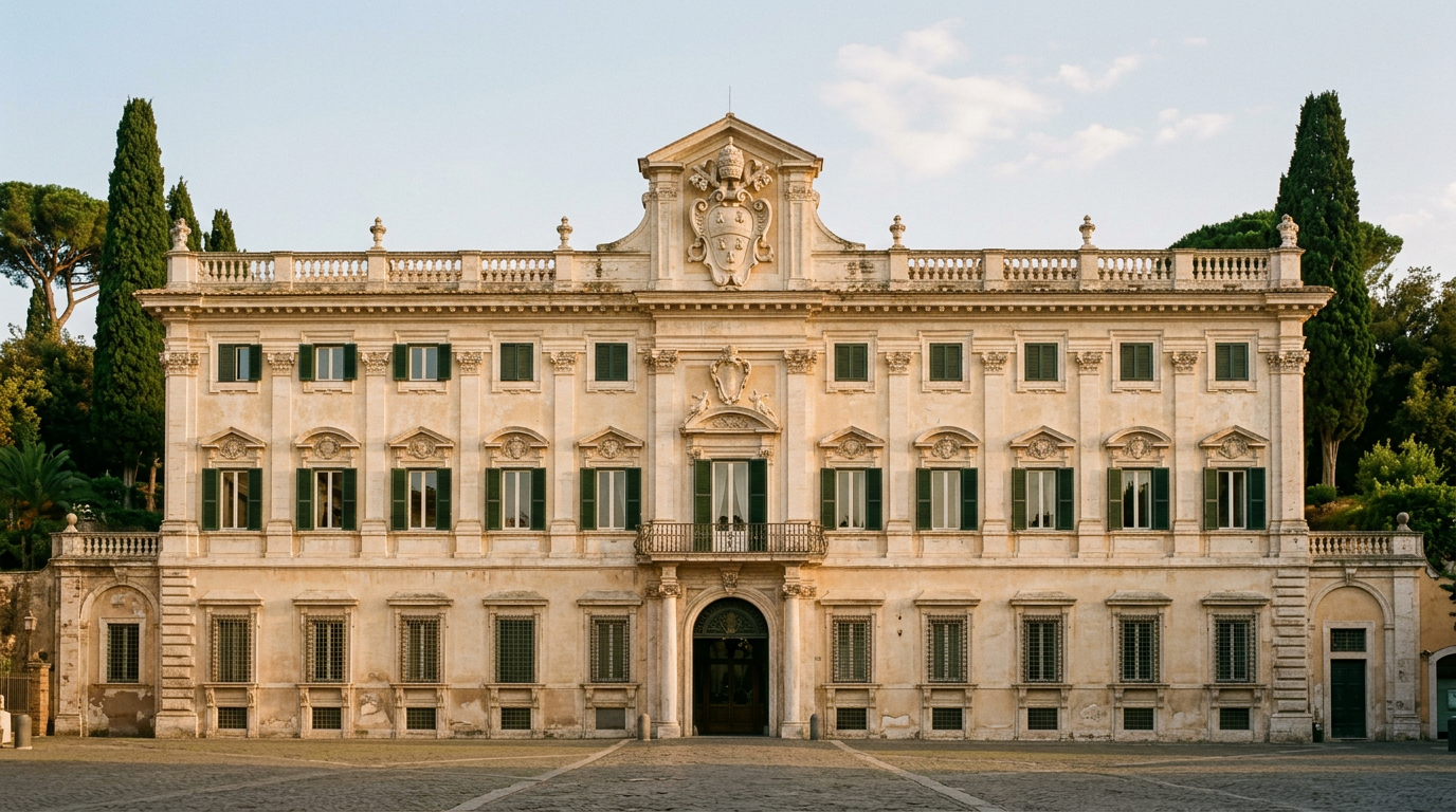 Facciata del Palazzo Apostolico di Castel Gandolfo all'ora dorata